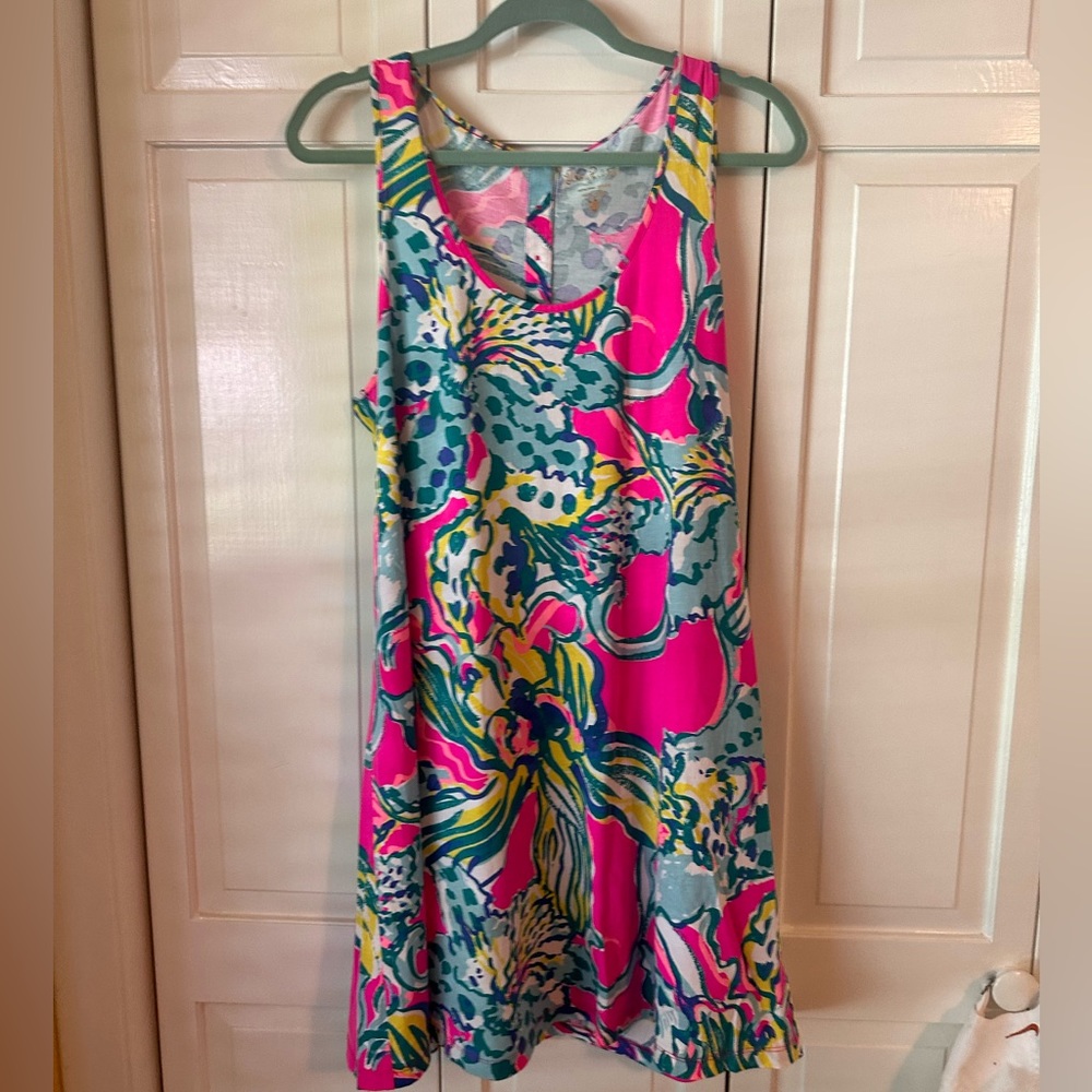 Lilly Pulitzer, Swing Tank Dress, Pink & Green Floral, Pima cotton, Large